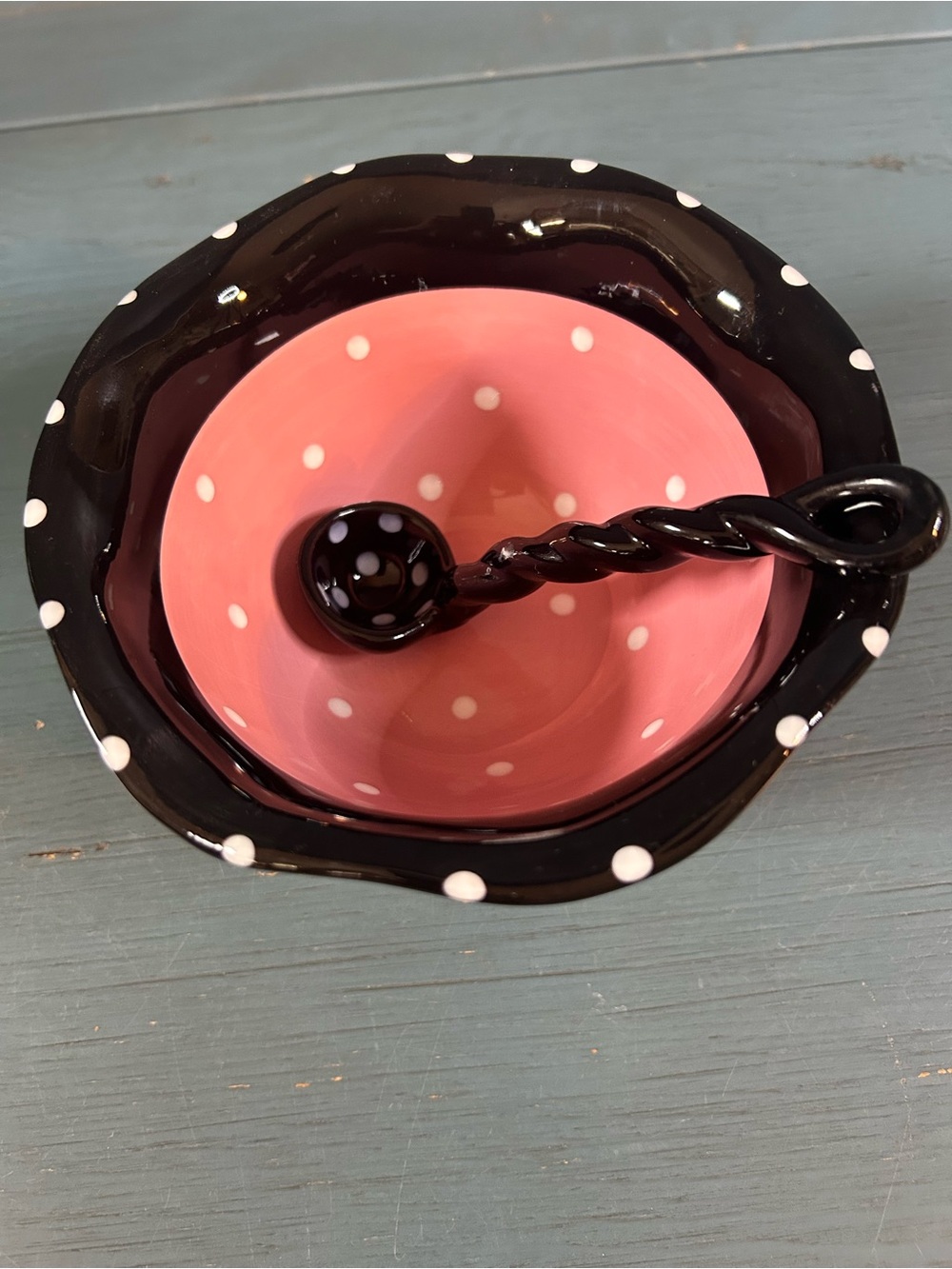Outta Hand by Amy Hedrick Black and Pink Ceramic Serving Bowl with Twisted Spoon